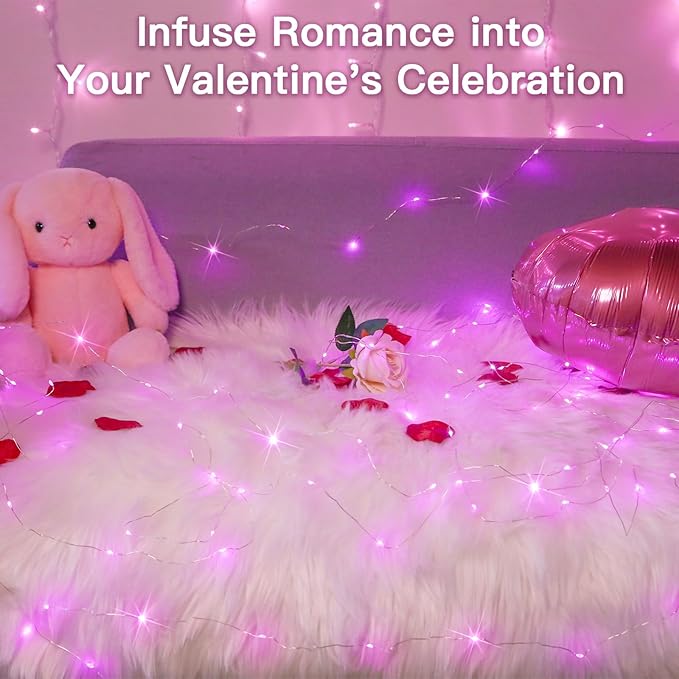 suddus Pink Valentine Day Fairy Lights Battery Operated, 66ft 200 LED String - Image 8
