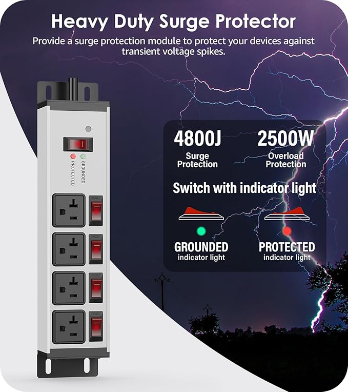 CCCEI Heavy Duty Surge Protector Power Strip 20 Amp Individual Switches. 15FT - Image 2