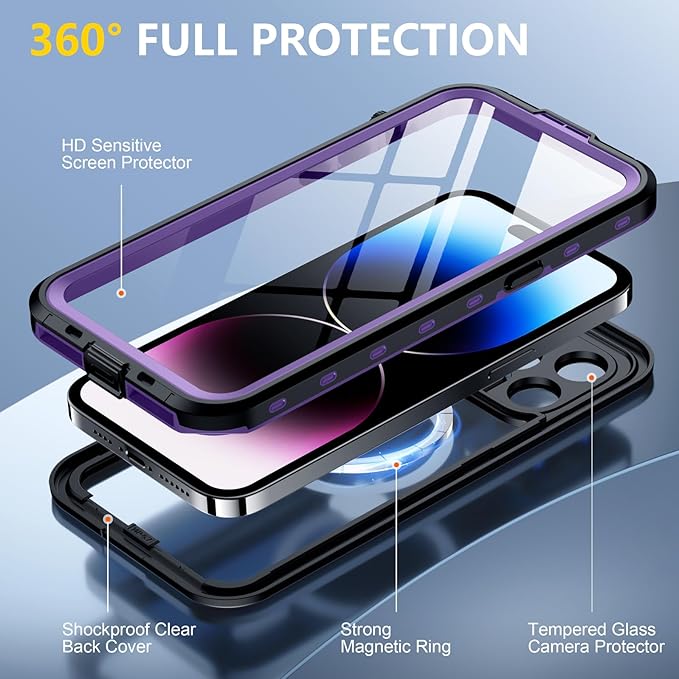 Red2Fire for iPhone 14 Pro Case Waterproof, Phone Case 6.1" Purple/Clear - Image 5