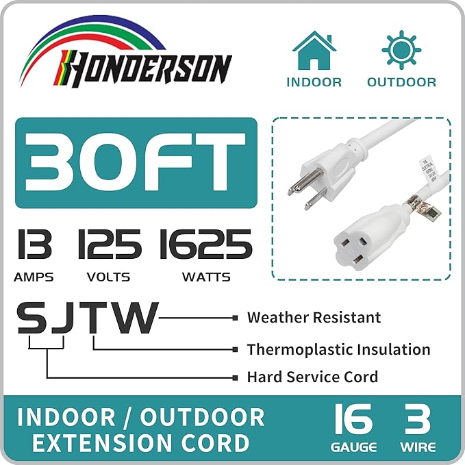 Indoor Outdoor Extension Cord Weatherproof, UL Listed, 16 Gauge 30FT White 3 - Image 3