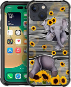 for iPhone 14 Plus Case, Cute Little Elephant Sunflower White Line Art Pattern by FKBRCL4U