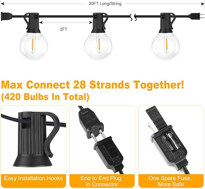Outdoor G40 LED Globe String Lights 30Feet Dimmable Waterproof Shatterproof - Image 7