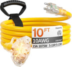 10 ft 10 Gauge Heavy Duty 3 Outlet Extension Cord Splitter by Deeklify