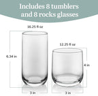 Libbey Ascent Tumbler and Rocks Drinking Glasses Set of 16, Glass Drinking - Image 3