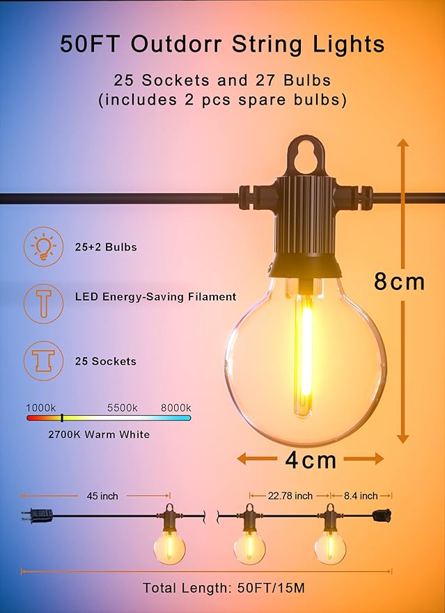 Zuske Outdoor String Lights, 50FT Patio Lights Outdoor Waterproof - Image 5