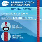TECEUM Cotton Rope 3/16” – 50 FT – Strong All-Purpose Braided Rope – Natural - Image 2