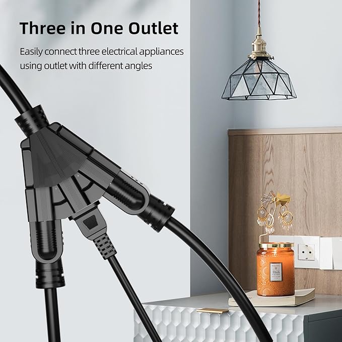 10 FT 3 Outlet Outdoor Extension Cord Waterproof, 16/3 SJTW Black Extension Cord - Image 3