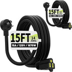 Vockjour 15 FT 2 Pack Black Low Profile Flat Plug 14 Gauge Heavy Duty Extension by Vockjour