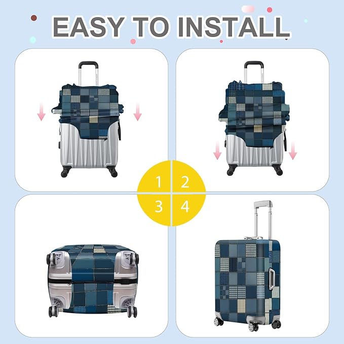 ANNA QUEEN Blue Patchwork Luggage Cover, Modern Grid Suitcase Protector - Image 5