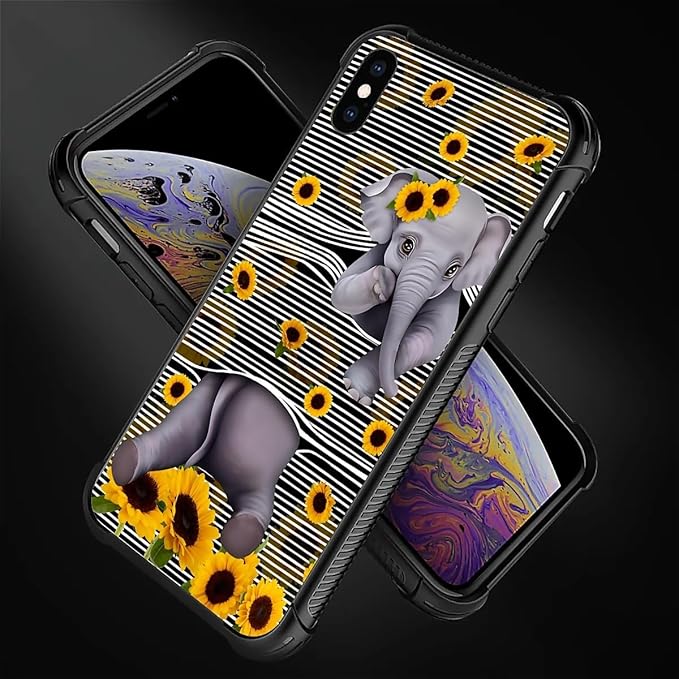 for iPhone Xs Max Case, Cute Little Elephant Sunflower White Line Art Pattern - Image 4