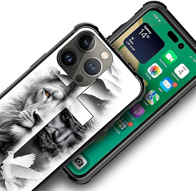 for iPhone 14 Pro Max Case, Lion Cross Jesus Christ Dove Pattern Graphic Design - Image 2