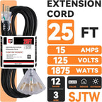 EP 25 Ft 12 Gauge Heavy Duty Extension Cord, 15A 125V 1875W, 3 Outlet - Image 2