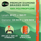TECEUM Rope – 90 Feet x 3/8 Inch – Orange Gray – Strong All-Purpose Utility - Image 2