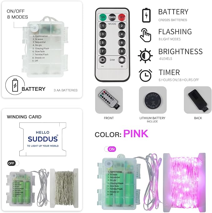 suddus Pink Valentine Day Fairy Lights Battery Operated, 66ft 200 LED String - Image 9