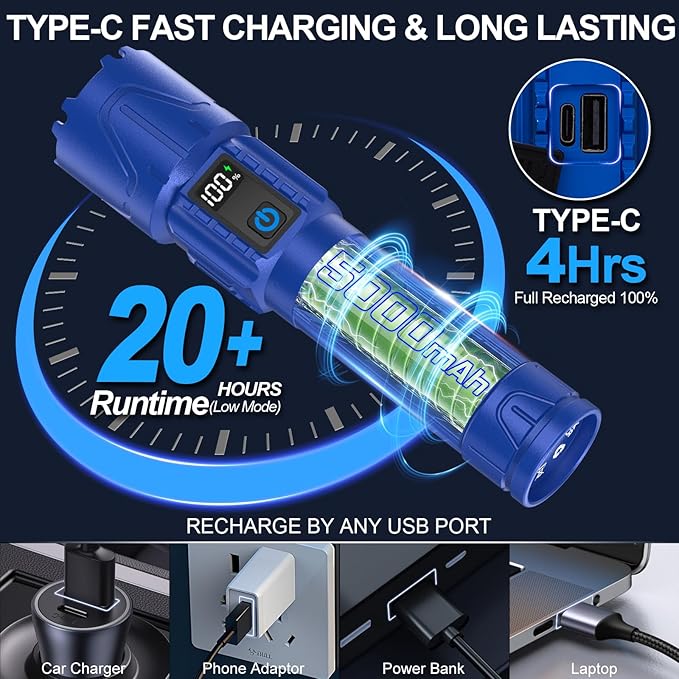 Rechargeable Tactical Flashlights 2000 High Lumens - 5000mAh Super Bright LED - Image 6