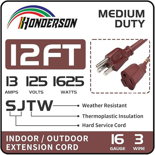 12FT Brown Outdoor Extension Cord-16/3 SJTW Durable Extension Cord - Image 2