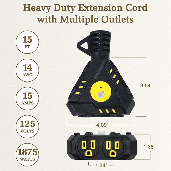 15FT 14 Gauge Outdoor Extension Cord 6-Outlet 14/3 SJTW Heavy Duty Extension - Image 2