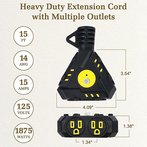 15FT 14 Gauge Outdoor Extension Cord 6-Outlet 14/3 SJTW Heavy Duty Extension - Image 2
