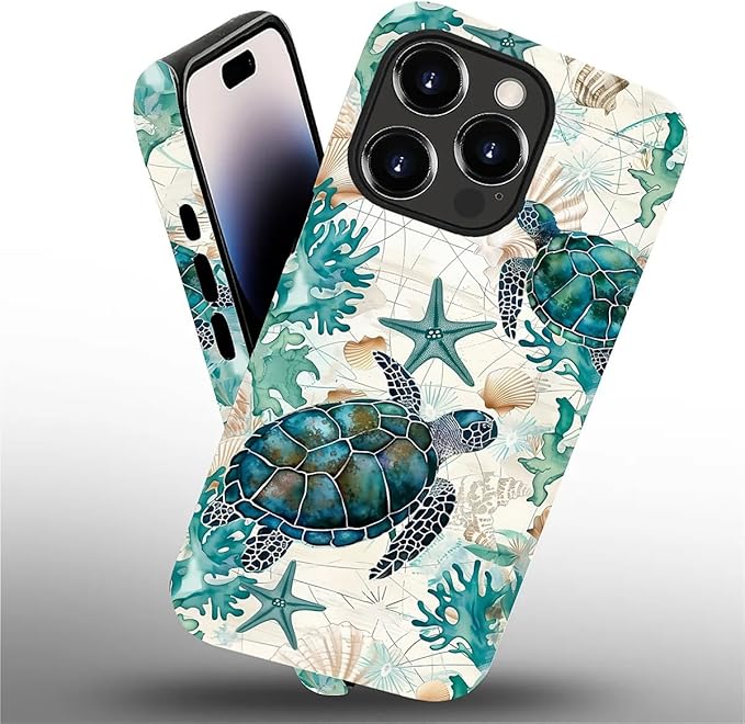 for iPhone 14 Pro Max Case, HH2 Ocean Sea Turtle Nautical Map Hybrid 2 Layer - Image 2