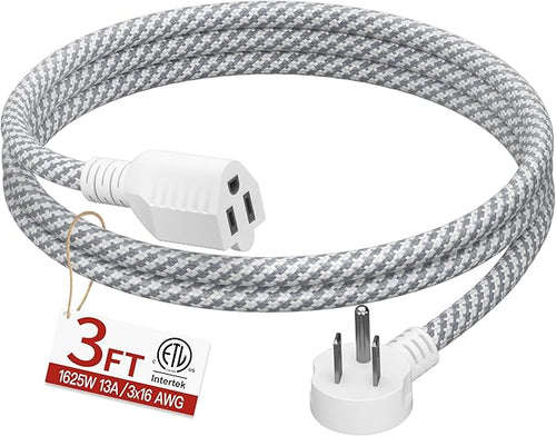 16/3 Flat Plug Braided Extension Cord 3 FT, Indoor 3 Prong Grounded Low Profile by Skrizcable