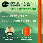 TECEUM Rope – 90 Feet x 1/4 Inch – Orange – Strong All-Purpose Utility Rope – - Image 2