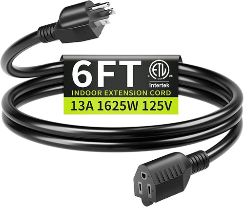 16/3 Black Extension Cord 6 FT Indoor, Short Extension Cord by Seeklyze