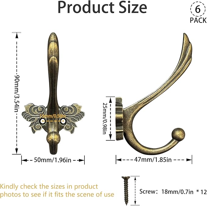 6Pcs Cute Butterfly Decorative Wall Double Hook Antique Brass Hook - Image 5