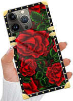 Compatible with iPhone 15 Pro Case, Vector Red Rose Green Leaf Luxury Golden - Image 2
