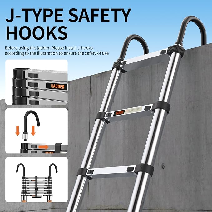Telescoping Ladder, with Stable Hook and stabilizer barand, 8.5FT Extension - Image 3