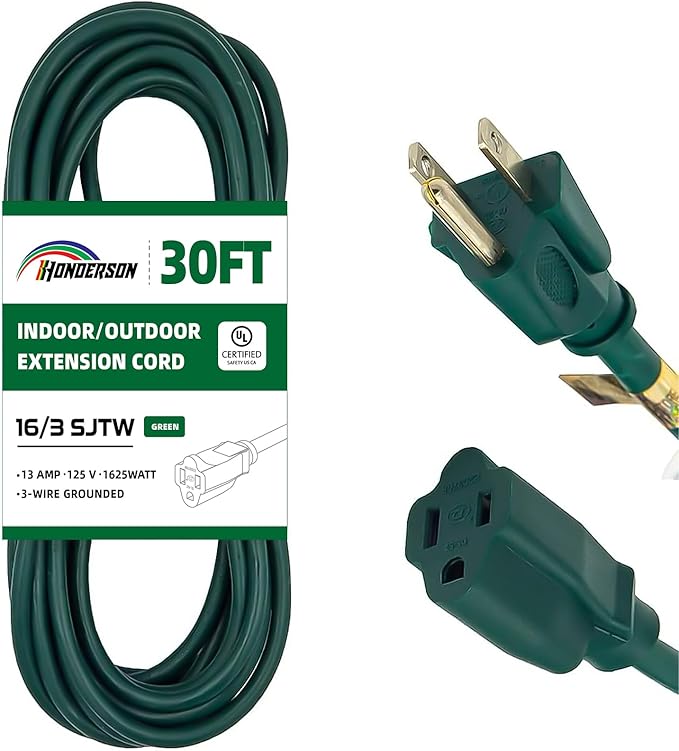 30FT Outdoor Extension Cord-16/3 SJTW Durable Green Extension Cable by HONDERSON