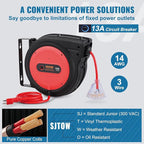 VEVOR 75FT Retractable Extension Cord Reel, 14AWG/3C SJTOW Heavy Duty Power - Image 4