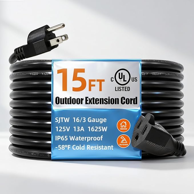 UL Listed Outdoor Extension Cord 3 Prong 15 FT SJTW 16/3 Gauge 13A 125V 1625W by TooCust