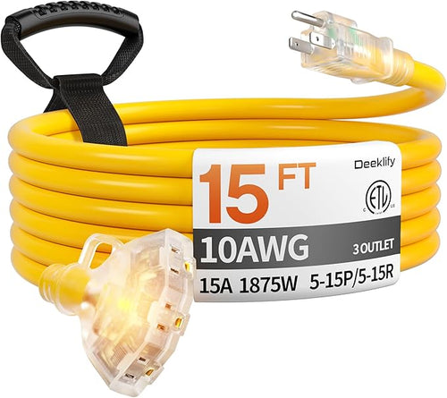 15 ft 10 Gauge Heavy Duty 3 Outlet Extension Cord Splitter by Deeklify