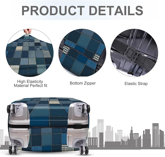 ANNA QUEEN Blue Patchwork Luggage Cover, Modern Grid Suitcase Protector - Image 3