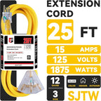 EP 25 Ft 12 Gauge Heavy Duty Extension Cord, 15A 125V 1875W, 3 Outlet - Image 2