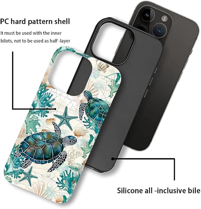 for iPhone 14 Pro Max Case, HH2 Ocean Sea Turtle Nautical Map Hybrid 2 Layer - Image 3
