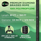 TECEUM Rope – 90 Feet x 3/8 Inch – Black – Strong All-Purpose Utility Rope – - Image 2