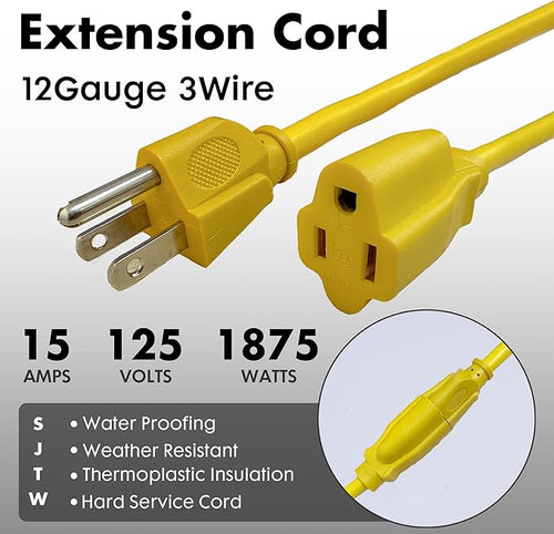 1ft Yellow Extension Cord Waterproof, UL Listed, 12/3 SJTW Heavy Duty 3 Prong - Image 2