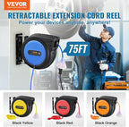 VEVOR 75FT Retractable Extension Cord Reel, 14AWG/3C SJTOW Heavy Duty Power - Image 2