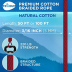 TECEUM Cotton Rope 3/16” – 50 FT – Strong All-Purpose Braided Rope – Natural - Image 2