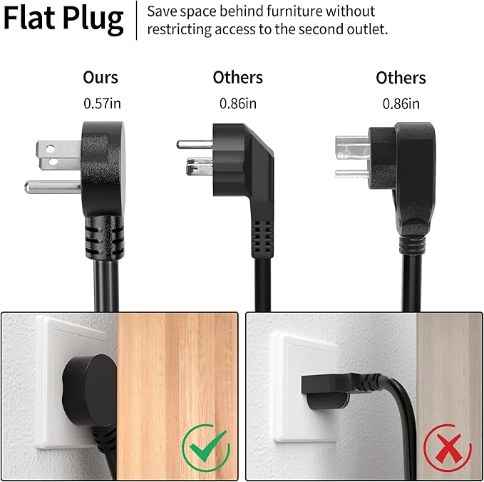 Vockjour 6 FT Black Low Profile Flat Plug 14 Gauge Heavy Duty Extension Cord - Image 3