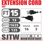 EP 15FT Black Outdoor Extension Cord, 16/3 SJTW Heavy Duty Waterproof, 3 Prong - Image 2