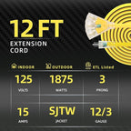 12FT 12 Gauge Heavy Duty Outdoor Extension Cord Waterproof - Image 2