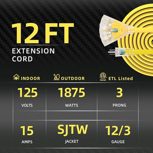 12FT 12 Gauge Heavy Duty Outdoor Extension Cord Waterproof - Image 2