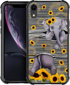 for iPhone XR Case, Cute Little Elephant Sunflower White Line Art Pattern by FKBRCL4U