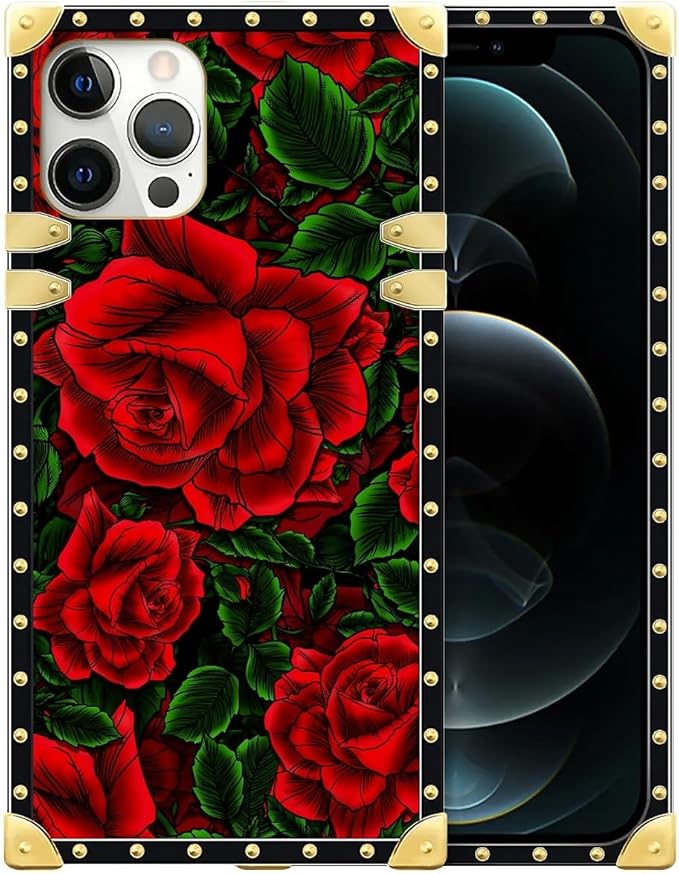 Compatible with iPhone 12 12 Pro Case, Vector Red Rose Green Leaf Luxury Golden by Unknown