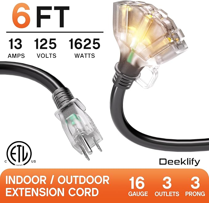 6 ft 16/3 awg 3 Outlet Extension Cord Splitter - Image 2