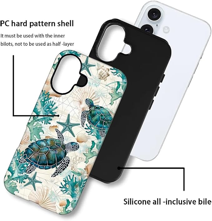 for iPhone 16 Plus Case, HH2 Ocean Sea Turtle Nautical Map Hybrid 2 Layer Hard - Image 3