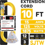 EP 10 Ft 12 Gauge Heavy Duty Extension Cord, 15A 125V 1875W, 3 Outlet - Image 2