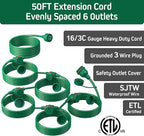 50FT Green Outdoor Extension Cord, Evenly Spaced 6 Outlets Plugs - Image 3